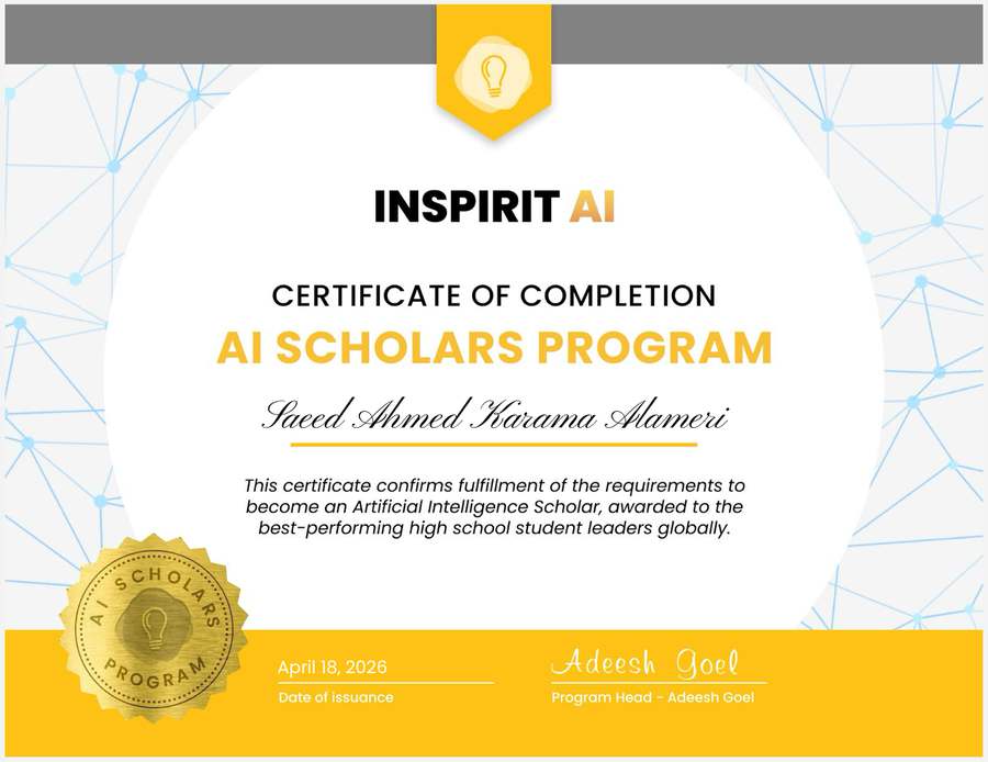 Certificate of Completion, AI Scholars Program, issued April 2026